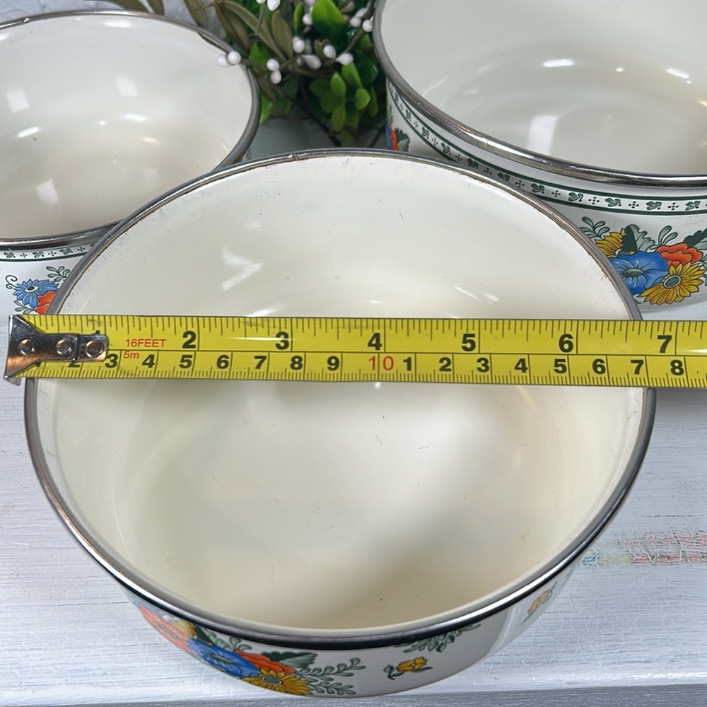 VTG Enamelware Old Amsterdam Floral & Leaf Mixing Nesting Stackable 3 Bowls - Picture 9 of 15
